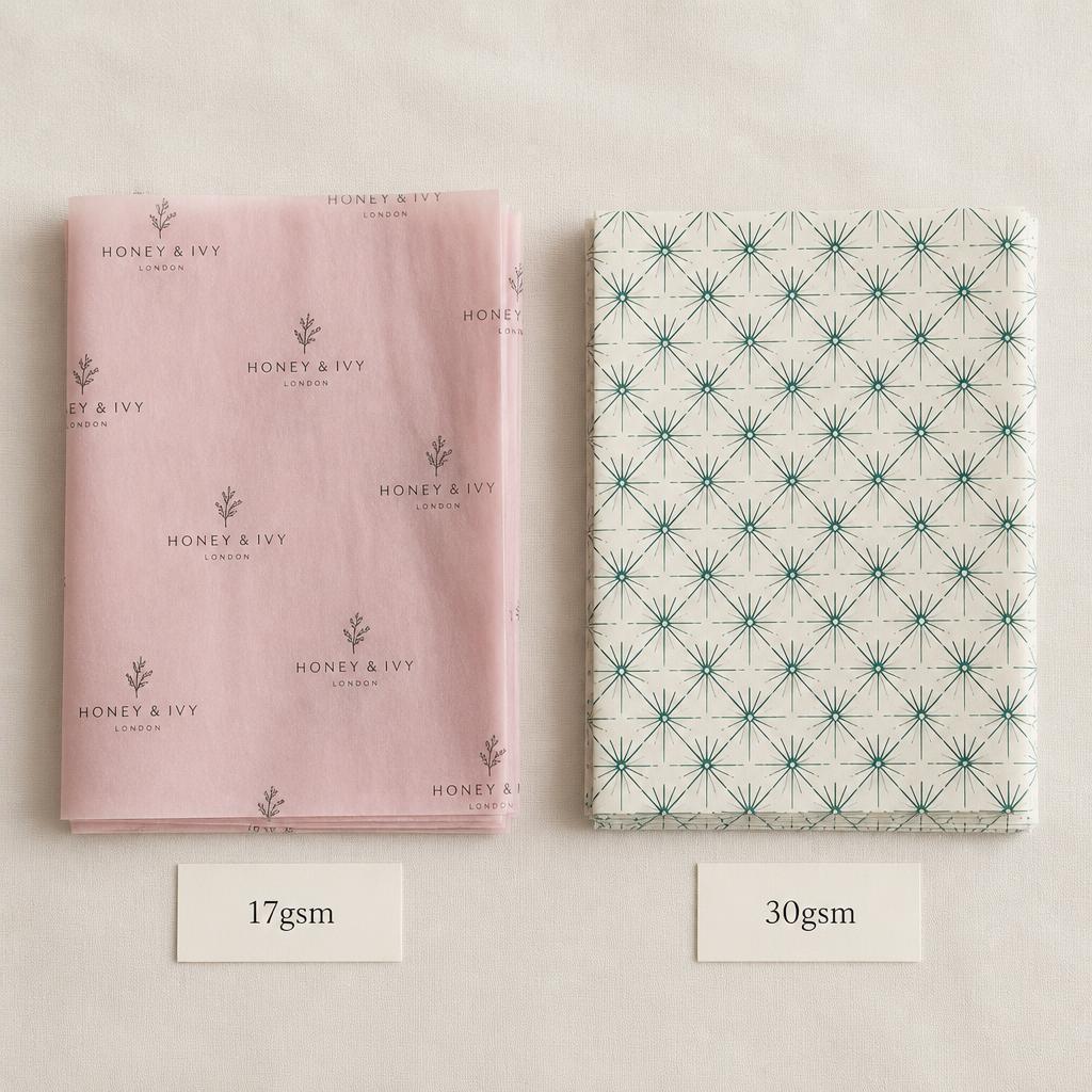 Custom printed tissue paper samples — 17gsm and 30gsm