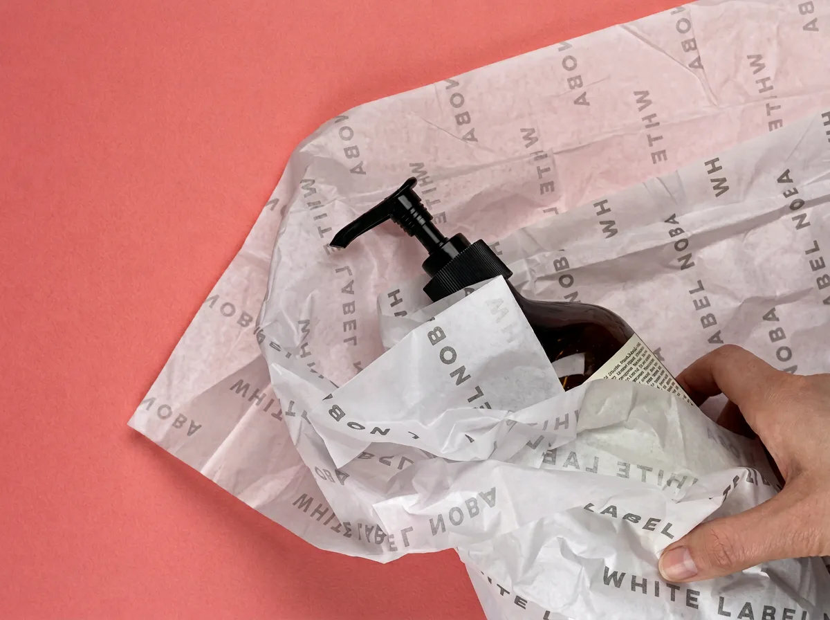 Custom Printed Tissue Paper for Design Agencies Hands opening white tissue with a repeating black wordmark around boxed retail products