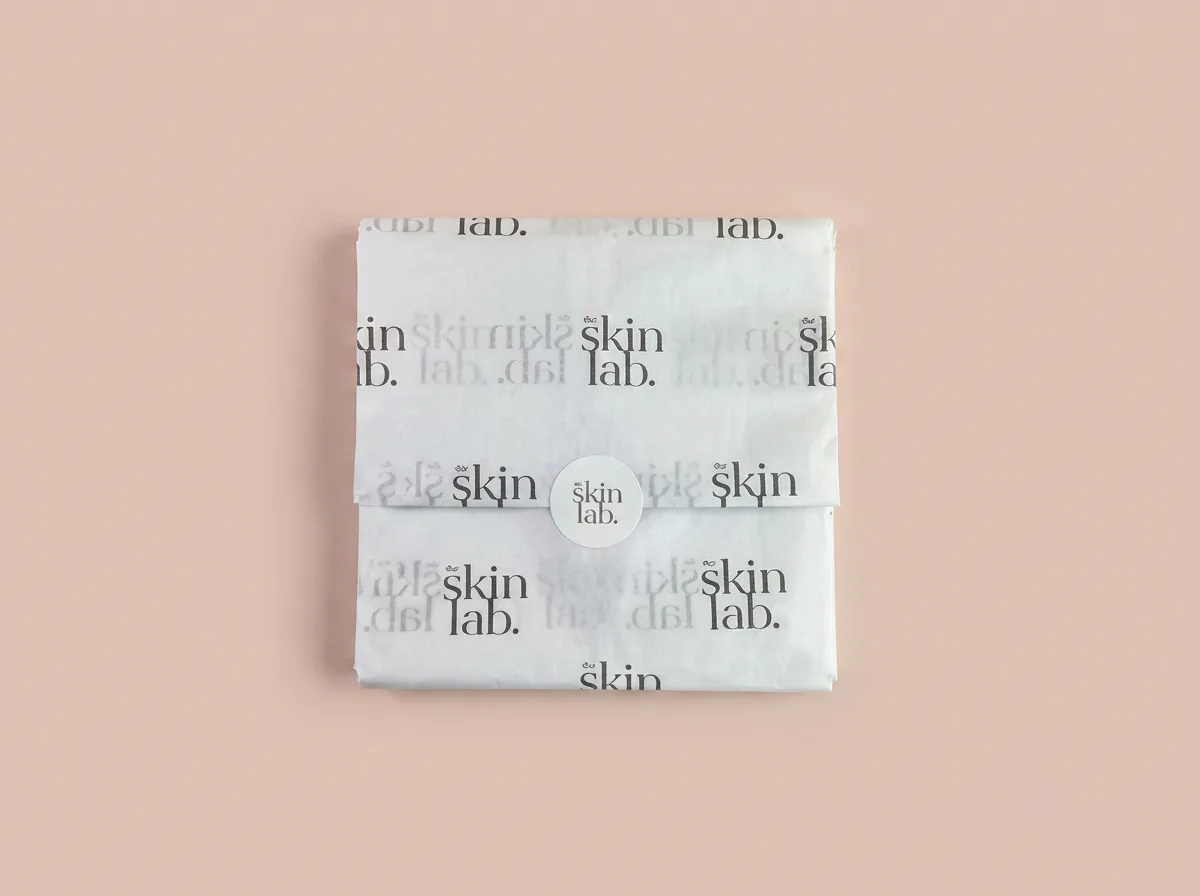 Folded white tissue paper printed with a repeating skincare brand logo on a pink background