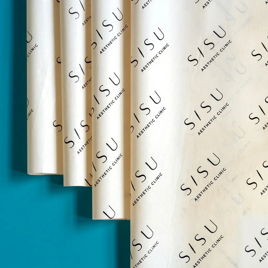 White tissue sheets with a repeating black SISU logo, showing a printed pattern for branded packaging