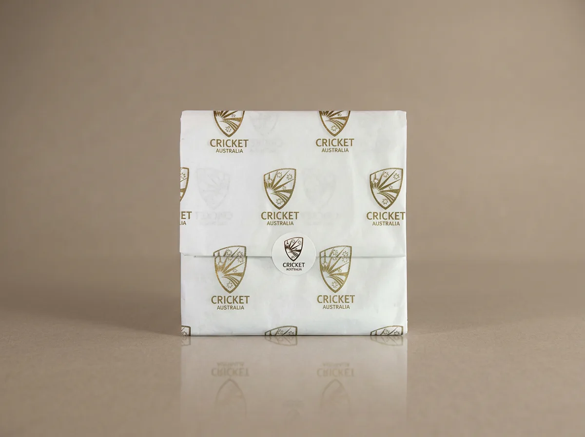 White tissue sheets with a repeating crest logo, folded to show the printed pattern